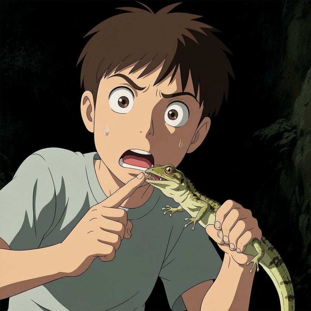 Anime Boy Startled by Lizard Bite in Ghibli Style