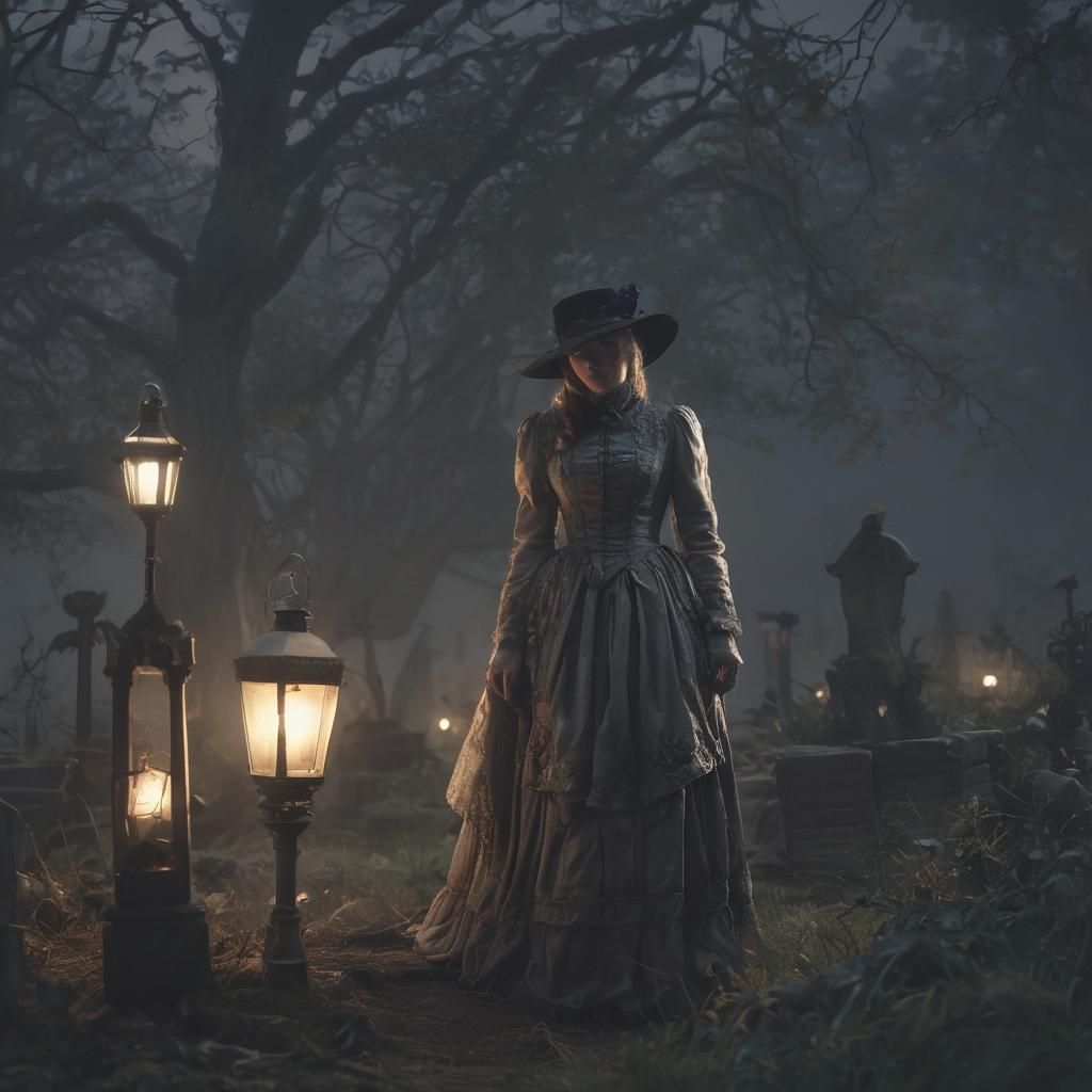 Victorian Woman Emerges from Grave in Haunted Landscape