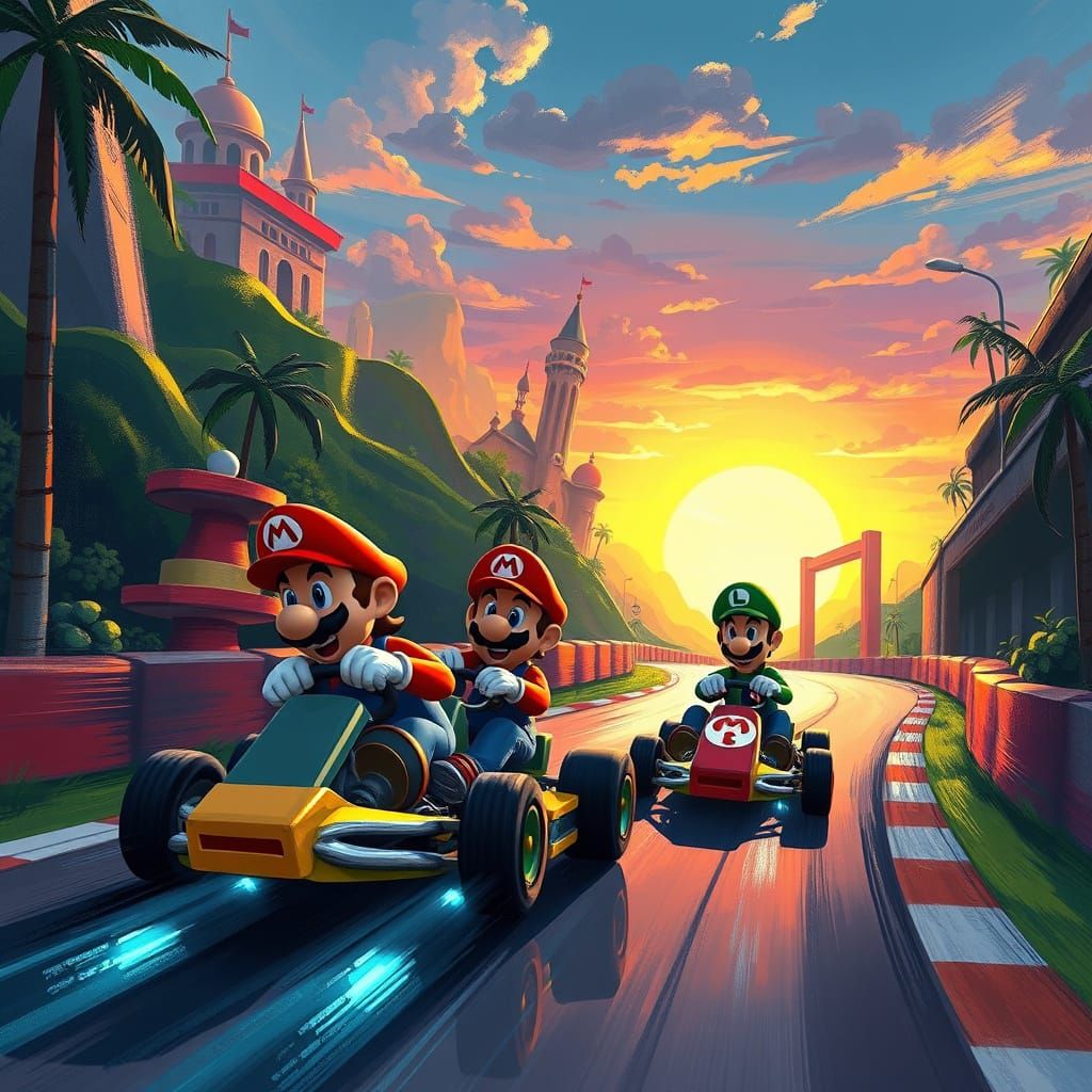 Mario Kart Racing Scene in Vibrant Concept Art Style
