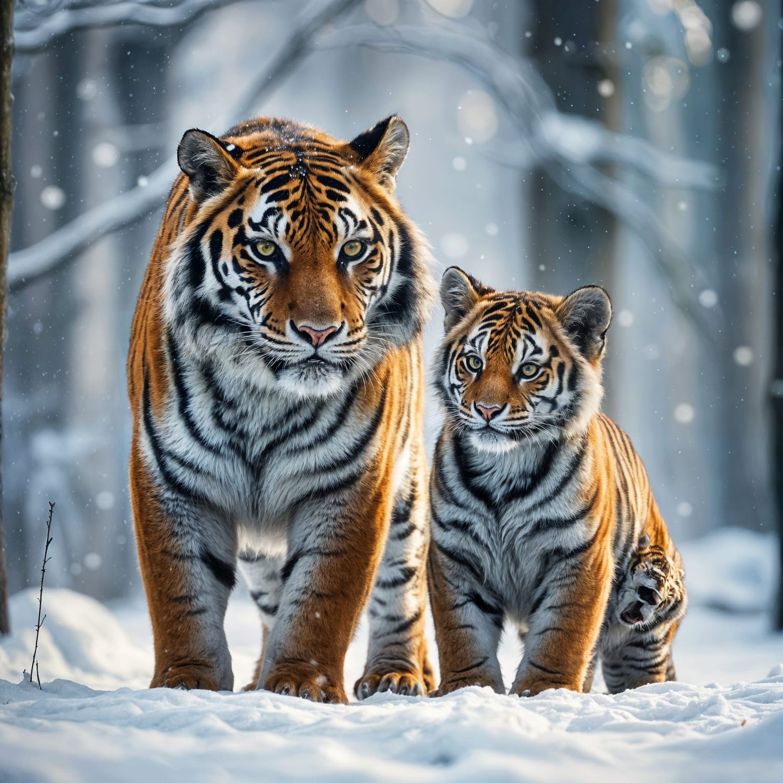 Siberian Tiger Mother and Cub in Snowy Forest Landscape