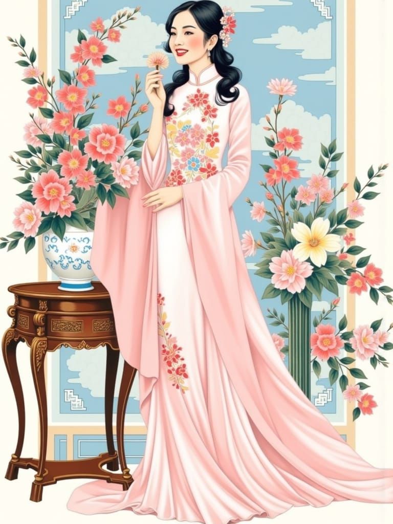 Elegant Woman in Traditional Qipao amidst Japanese Landscape