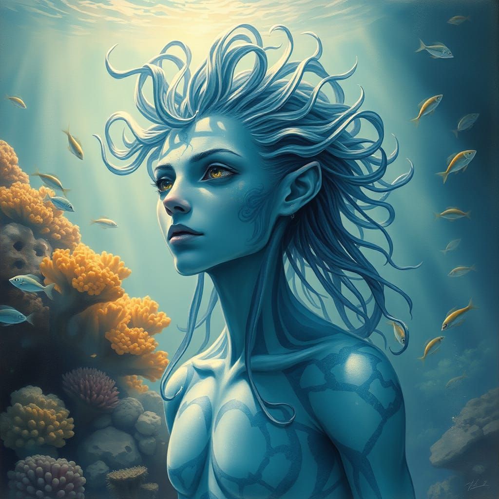 Ethereal Water Genasi in a Majestic Underwater Realm