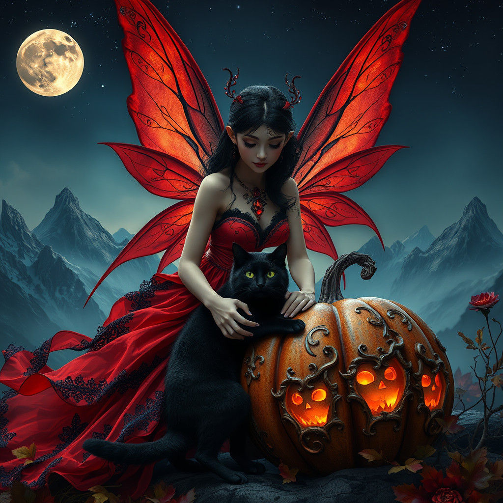 Fiery Fairy with Cat and Pumpkin, Matte Painting Style