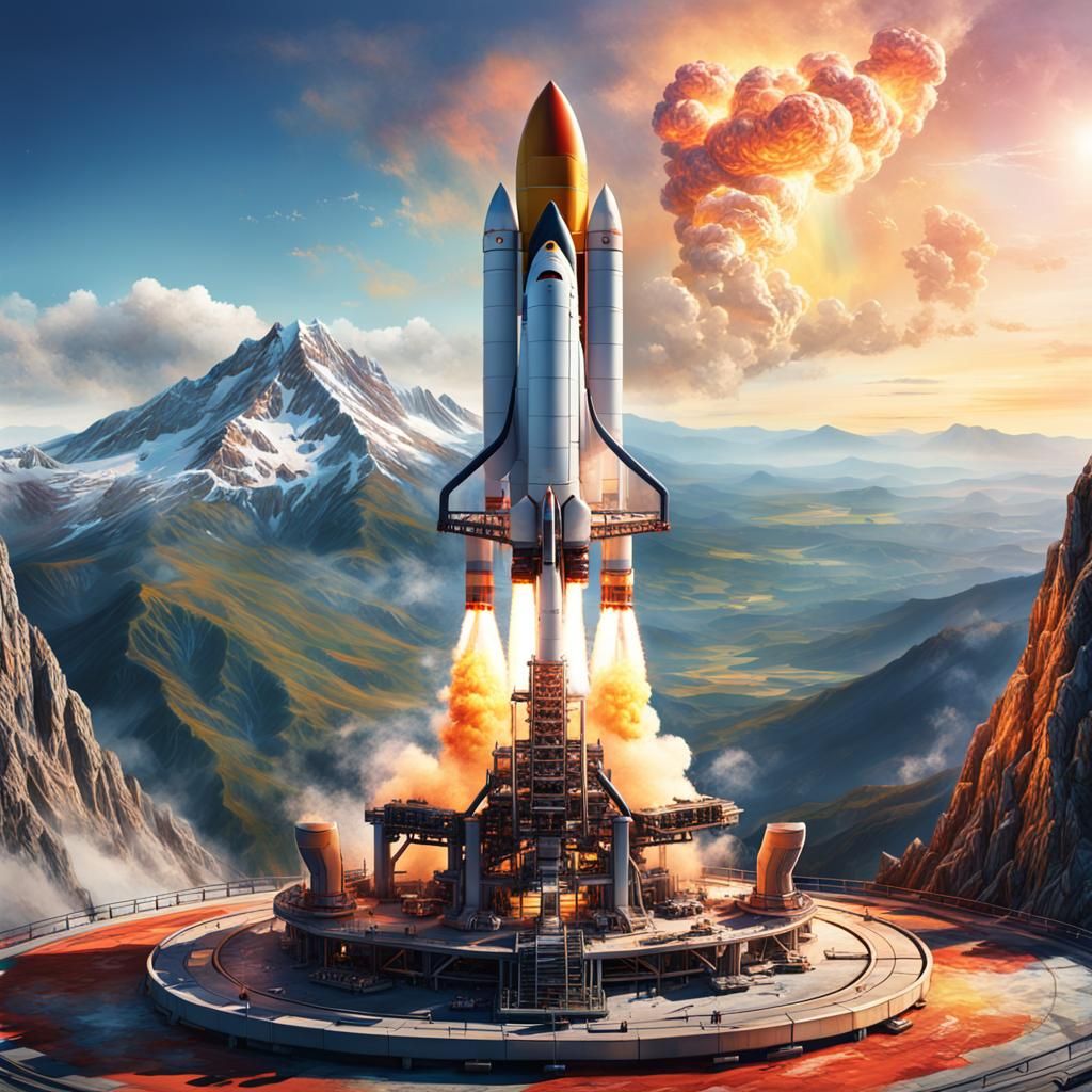 Hyperrealistic Rocket Launch on Mountain Top