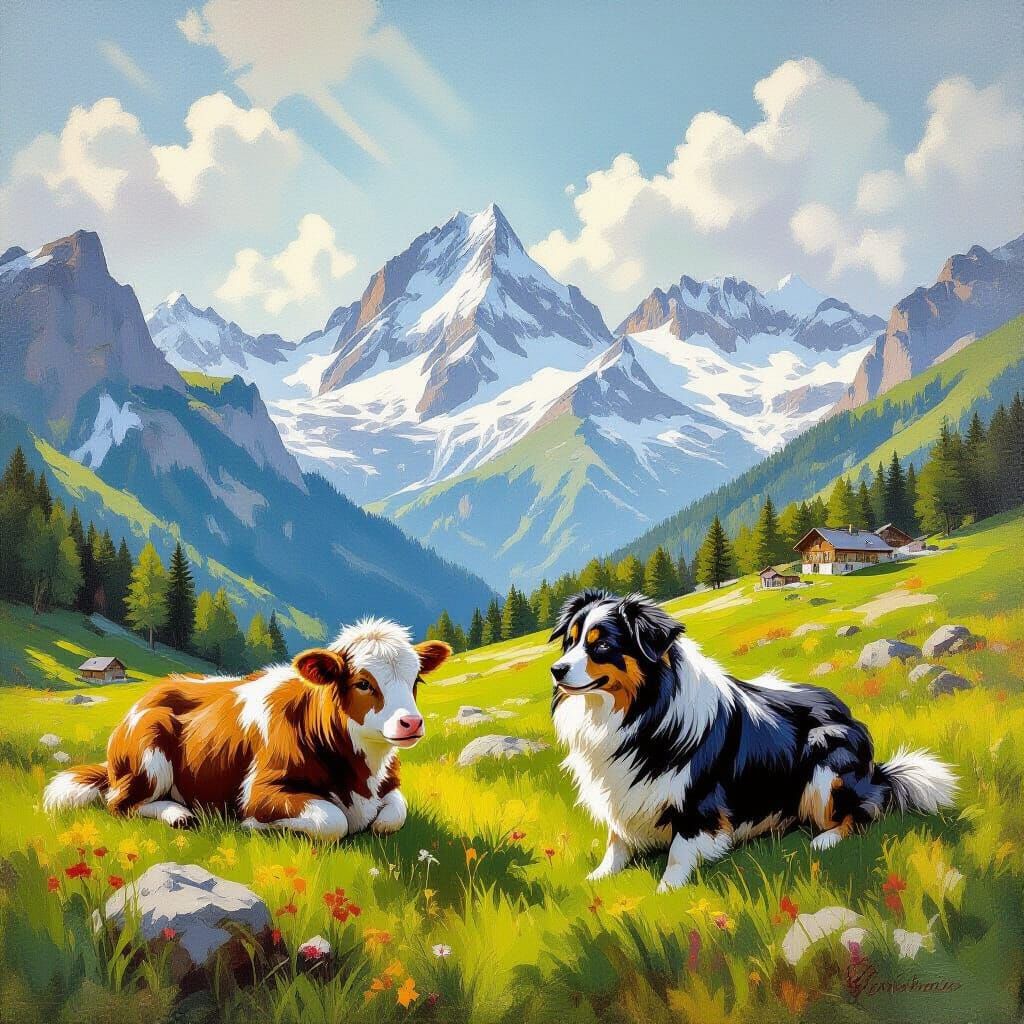 Charming Alpine Calf and Sheepdog in Oil Painting