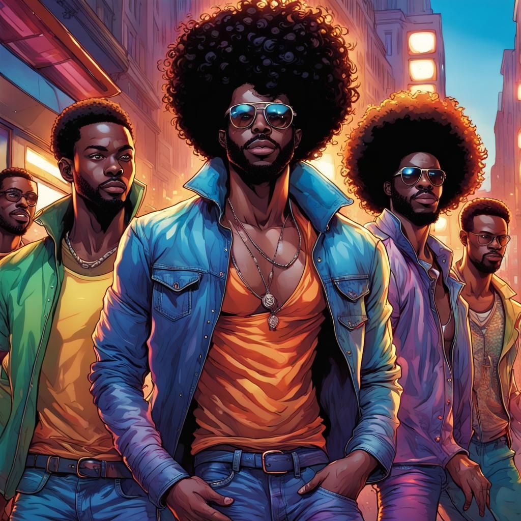 Five Handsome Black Men Vogueing in Comic Book Style
