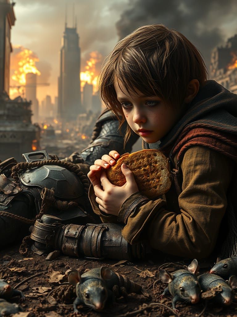 Girl in Ruins, Scavenging for Food in a Dystopian Cityscape