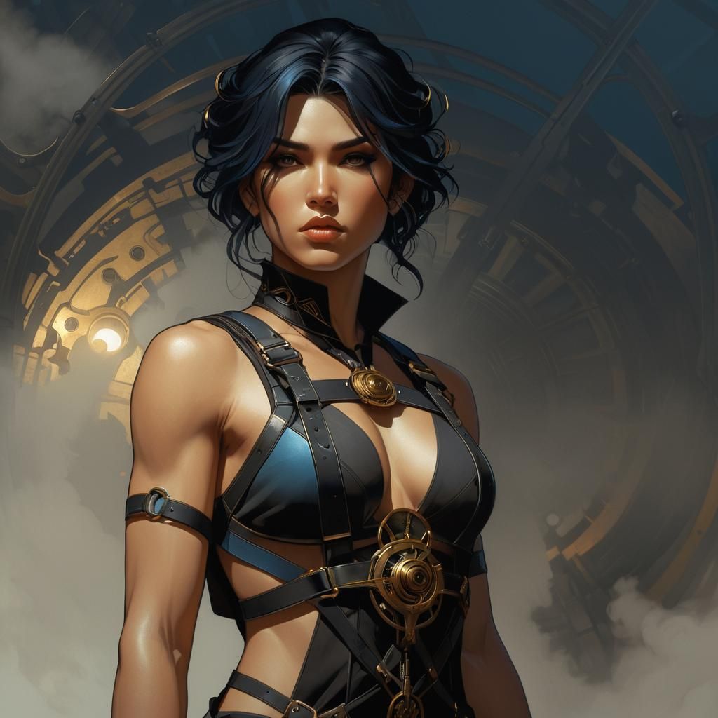 Sci-Fi Art Nouveau Woman in Eerie Machine Landscape