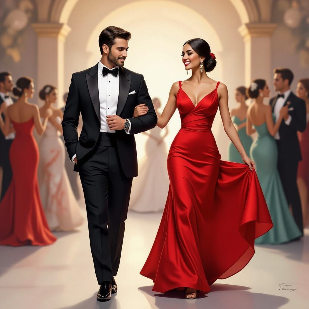 Elegant Man in Suit Dancing with Woman in Red Dress