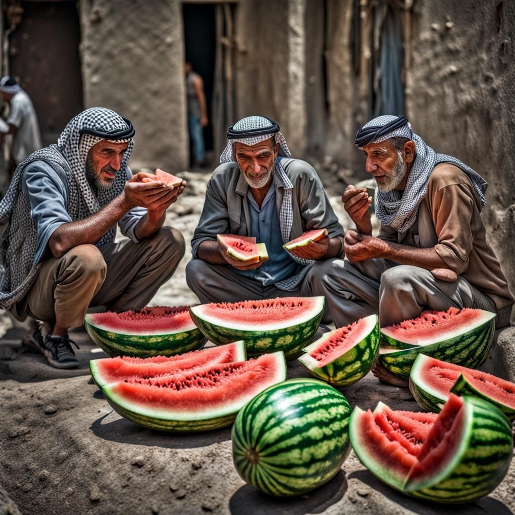 Palestinians Enjoying Watermelons in High Definition