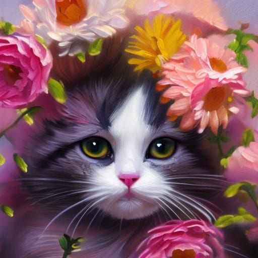 Cute Cat in Explosion of Flowers, Oil Painting
