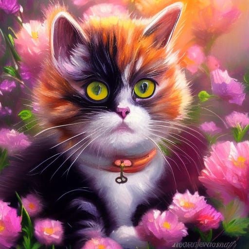 Cute Cat in Floral Explosion, Oil Painting