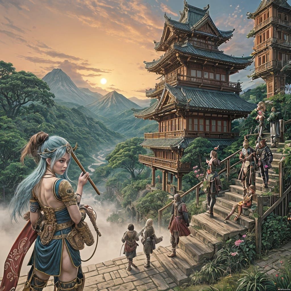 A ukiyo-e style lords of rings.. elfs, wizards, dwarfs, gobl...