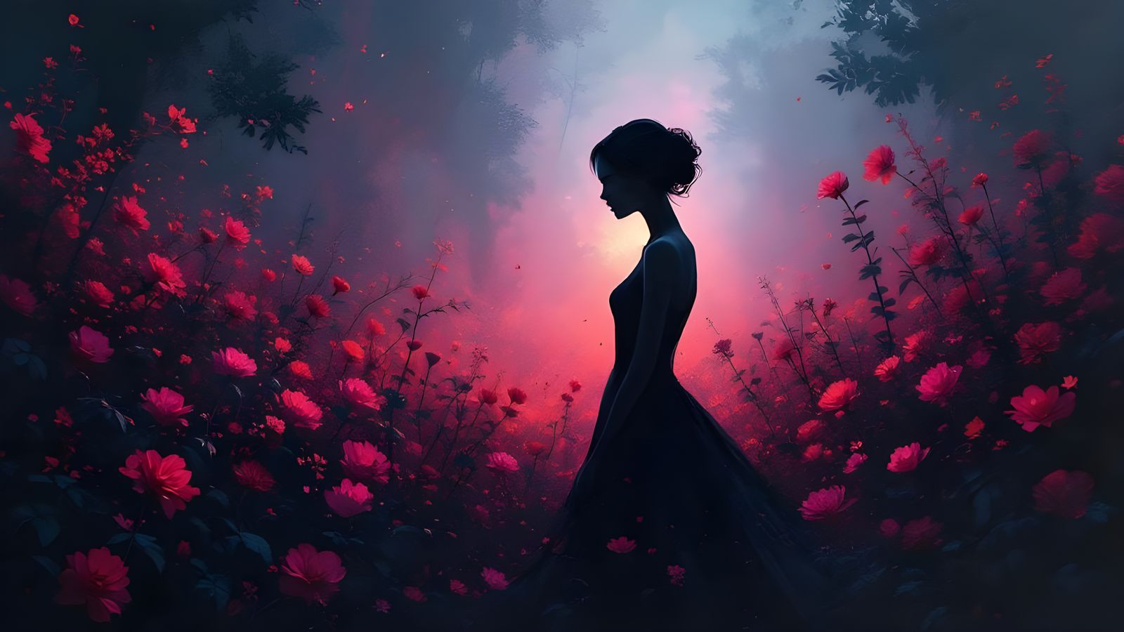 Noir Garden Silhouette in Painterly Style