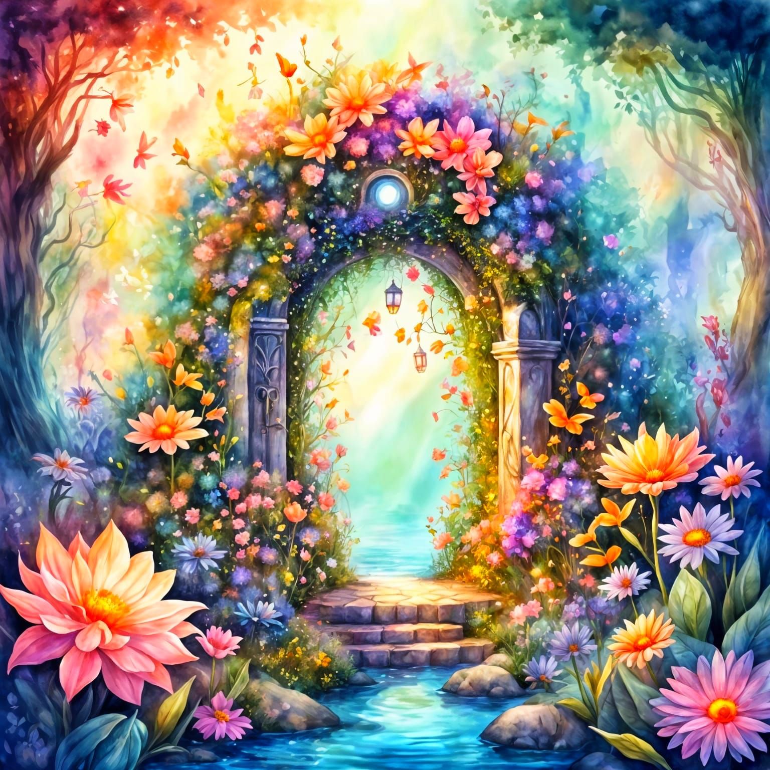 Watercolor painting. A fantasy fairy portal, surrounded by c...