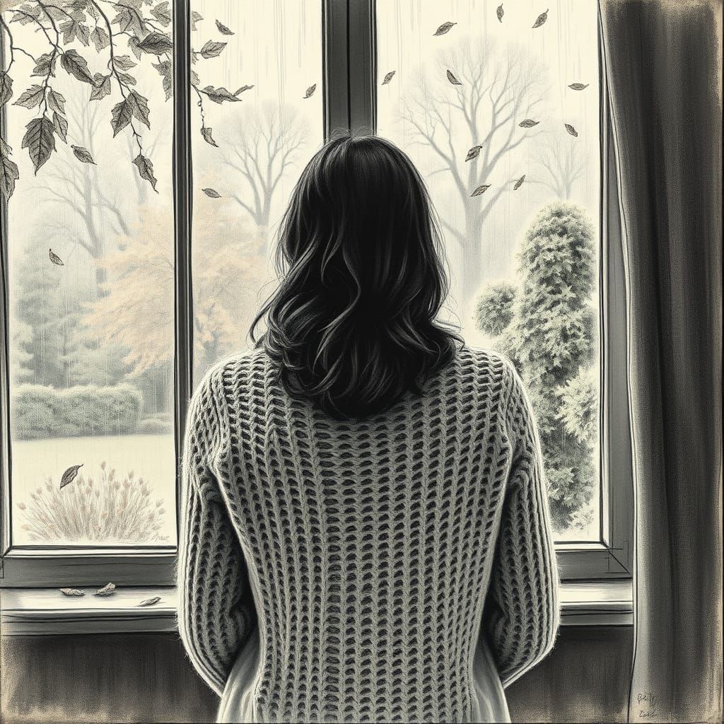 Woman Gazes at Autumn Garden Through Rain-Streaked Window