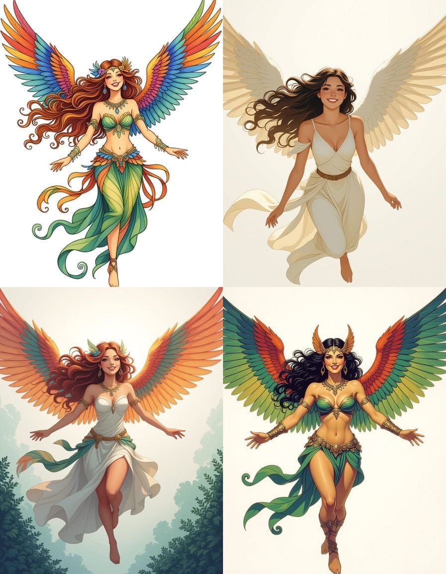 Winged Harpy Smiling and Flying in Fantasy Style