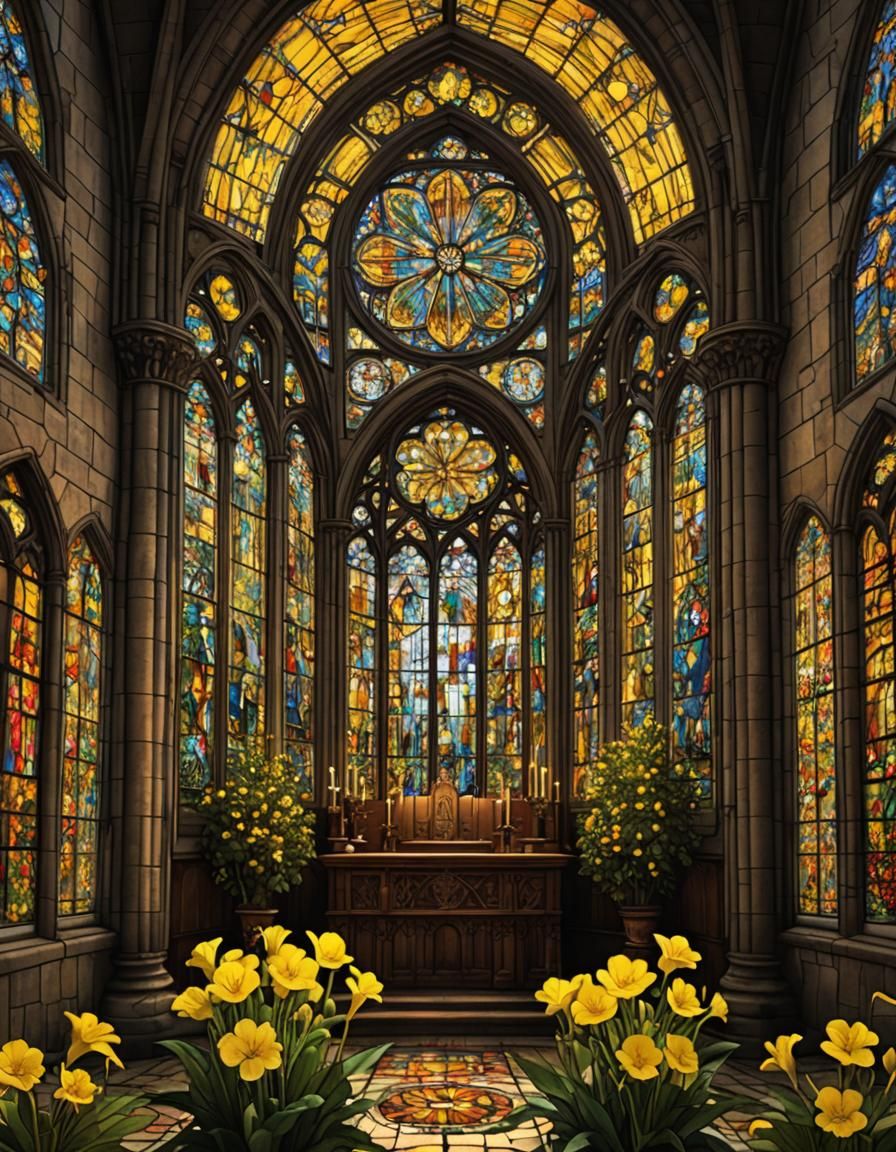 Stained Glass Cathedral with Primrose Flowers: Digital Paint...