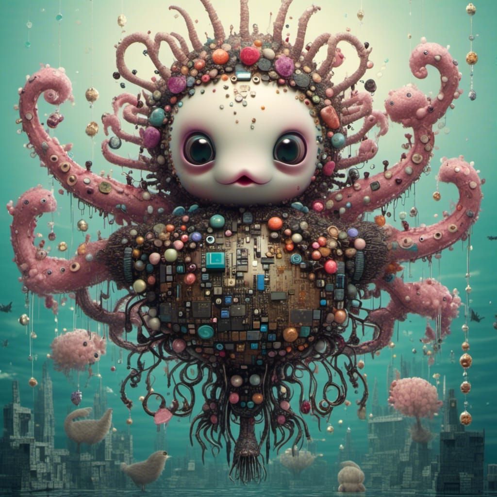 Whimsical Squid Seal Hybrid in Vibrant Oceanic Fantasy Scene