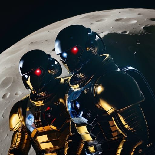 Space Men on the Moon in Retro Futuristic Style
