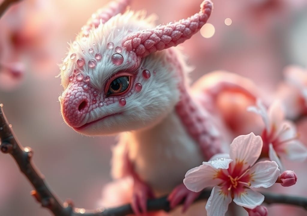 Fluffy Wooly Dragon on Cherry Blossom Branch