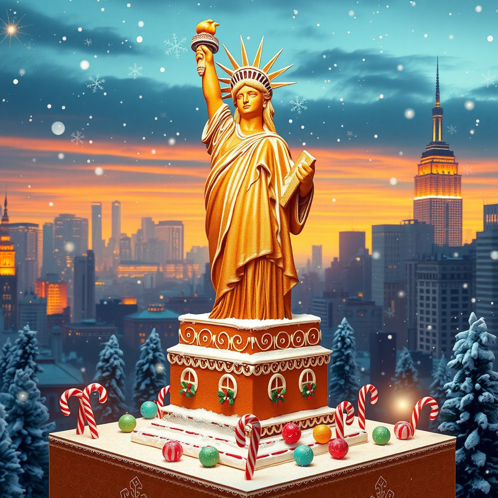 Gingerbread Statue of Liberty in Snowy New York