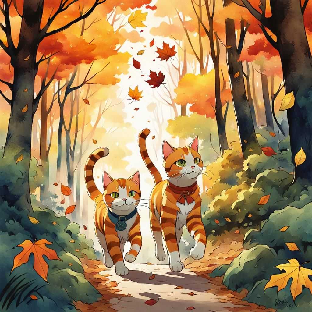 Cats in Autumn Forest: Anime Watercolor Art