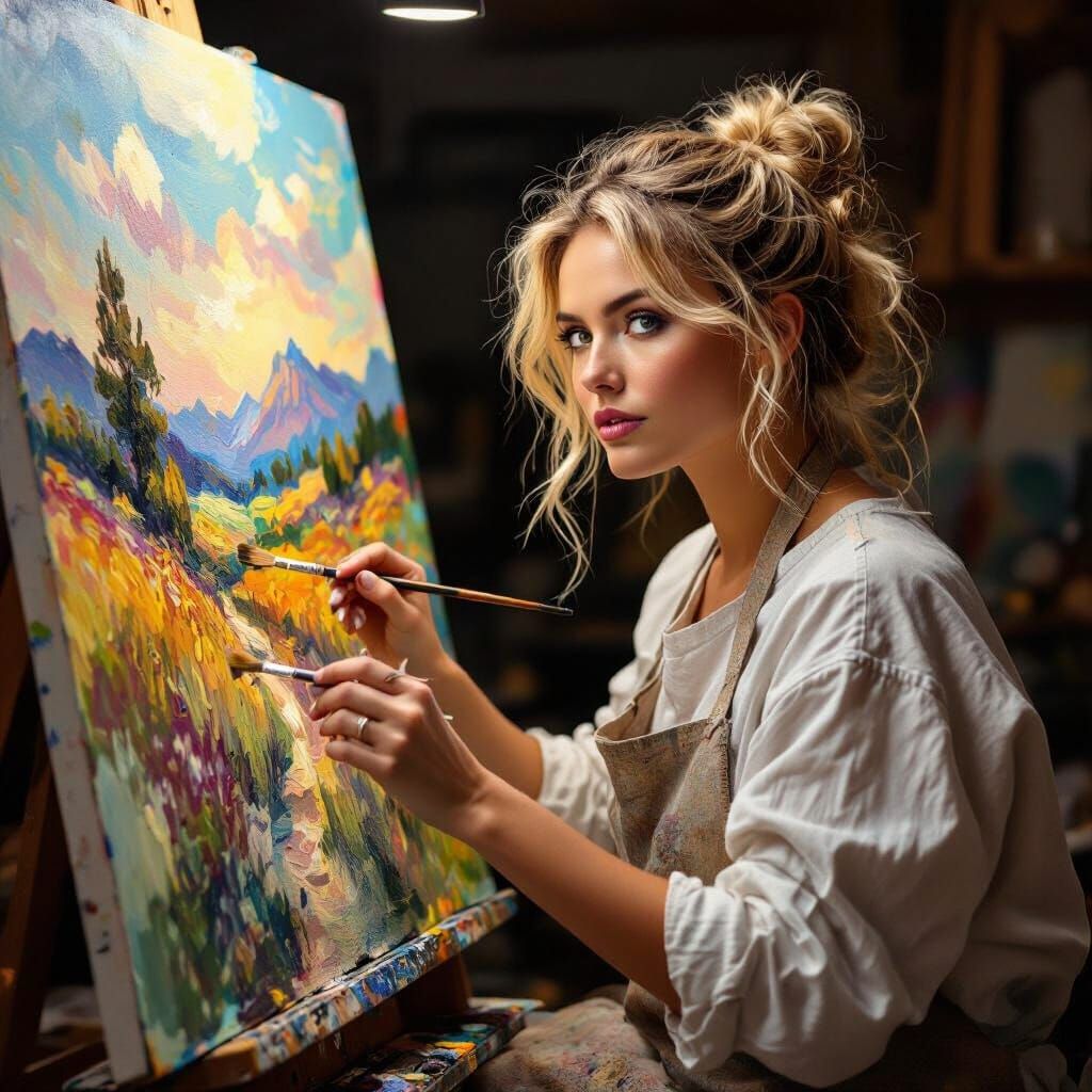 Blonde Artist Captures Vibrant Landscape with Expressive Rea...