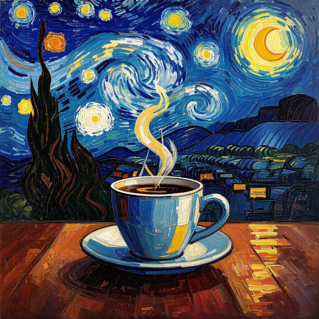 Steaming Coffee Cup in Van Gogh Style