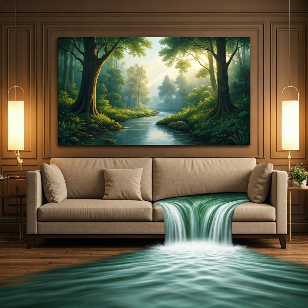Warm Living Room with Flowing River Landscape
