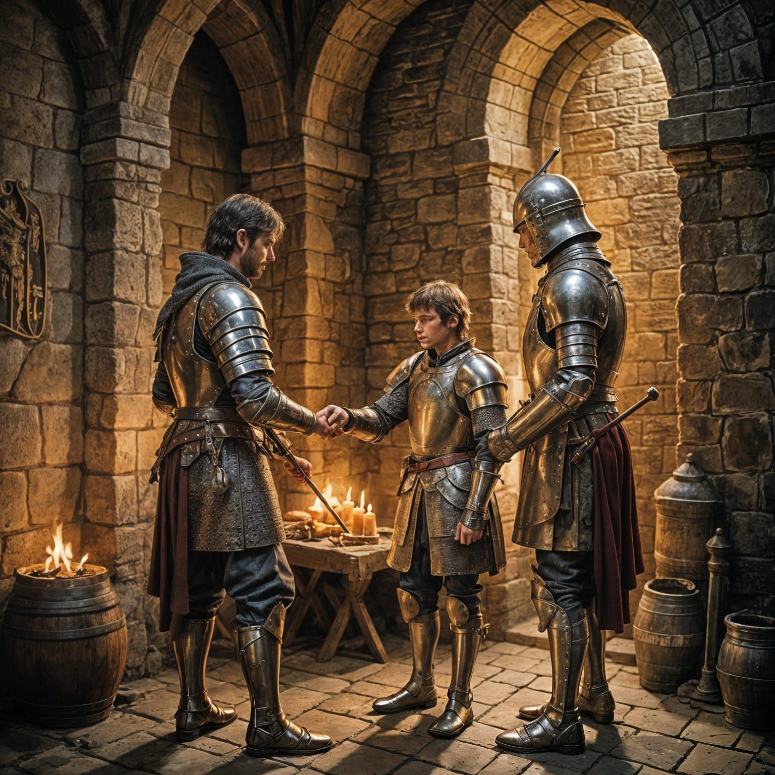 Squire Assists Knight with Medieval Armor