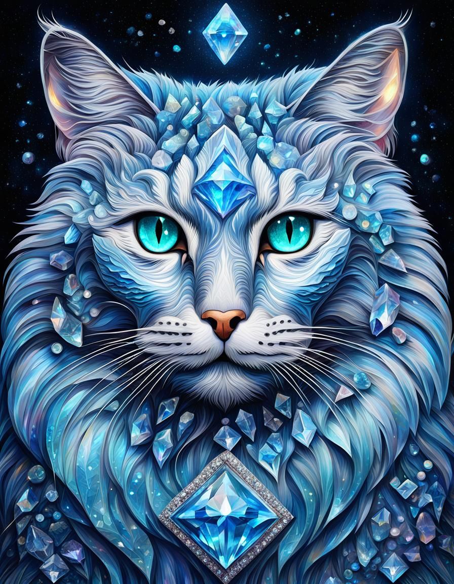 Crystalline Cat Portrait in Mixed Media Style