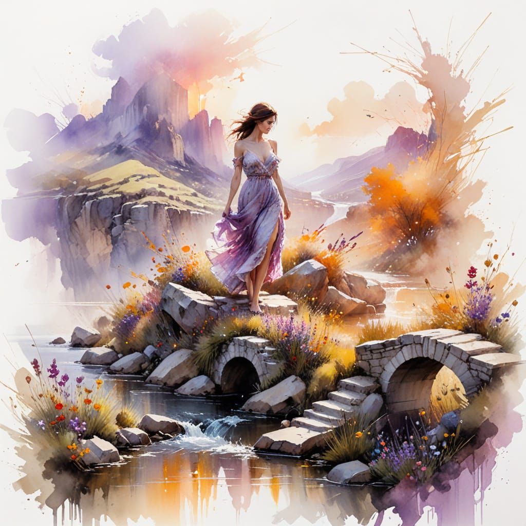 Valley Sunset with Stone Bridge and Wildflowers