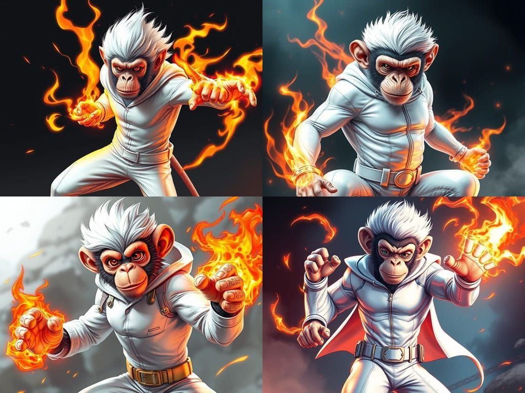 Daring White Monkey Superhero Unleashes Fiery Fury in Glossy...