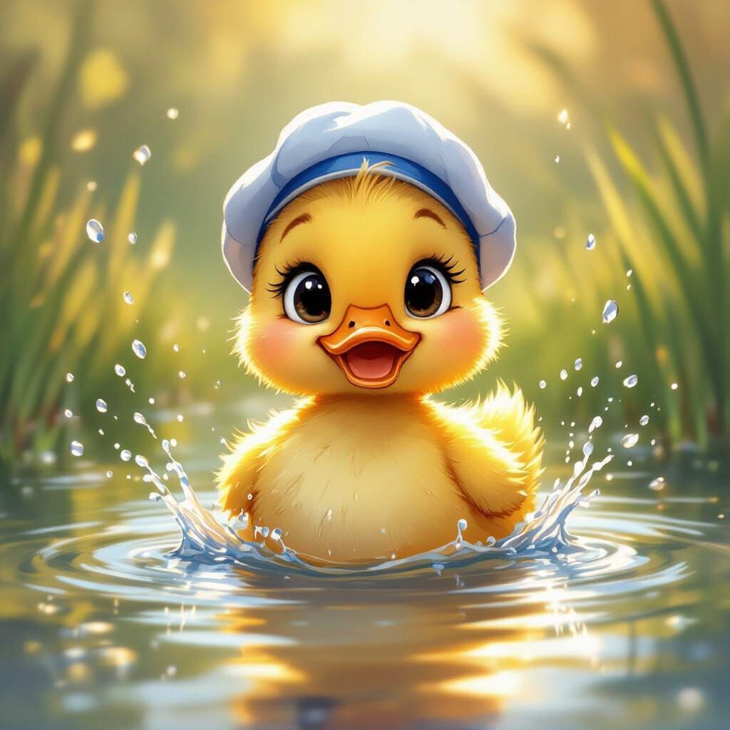 Cute Duckling in Sailor Hat Splashing in Pond