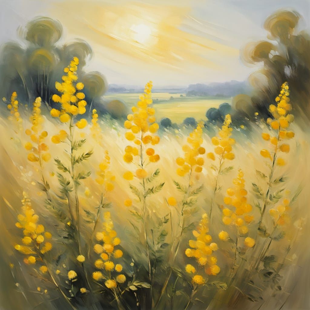 🌼 Mimosa:
A field of soft, golden mimosa blossoms gently swaying in a warm afternoon breeze. The light is honeyed and d...