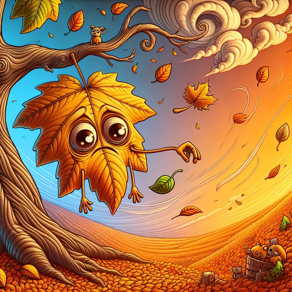 Cartoon Leaf Bids Farewell in Autumn Scene