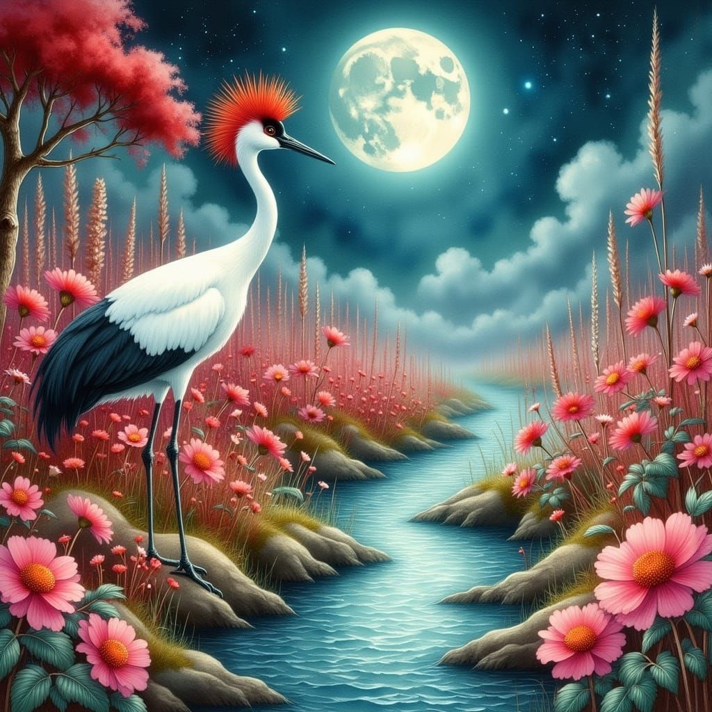 Japanese Crane in Chrysanthemum Field, Ukiyo-e Style