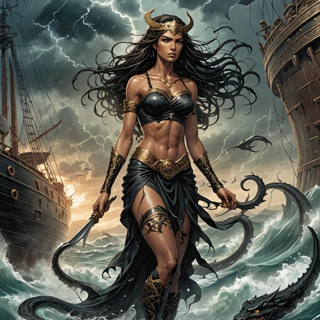 Fierce Spartan Woman Over Ancient Ship, Comic Art