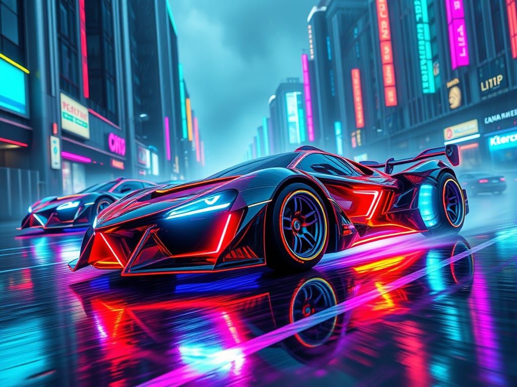 Futuristic Neon Car Race in Ghost City in 3D Style