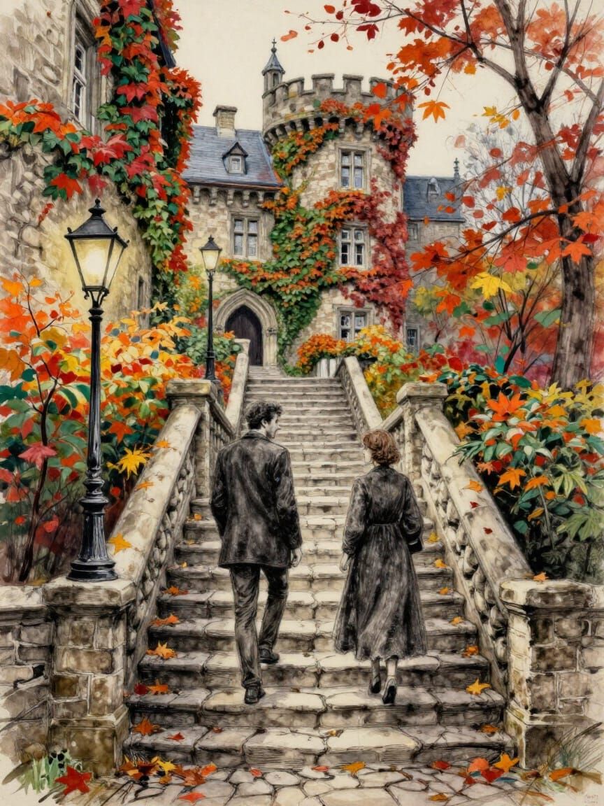 Gouache Sketch of Autumn Castle Steps with Vintage Lamps