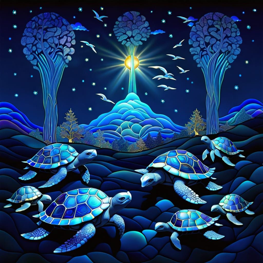 Turtle Migration in Tiffany Stained Glass Style