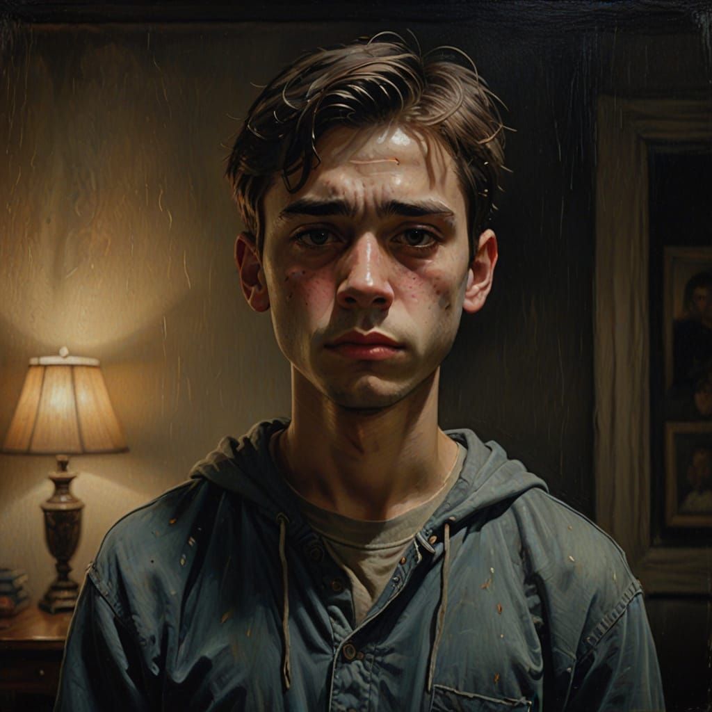 A Somber Son Stands Alone in a Dimly Lit Room, Faint Tears o...