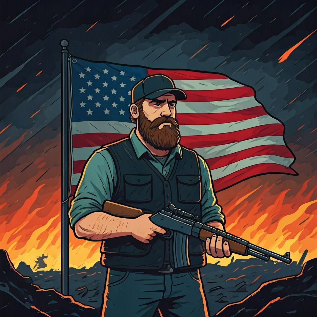 Bearded Man with Rifle Before American Flag in Cartoon Style