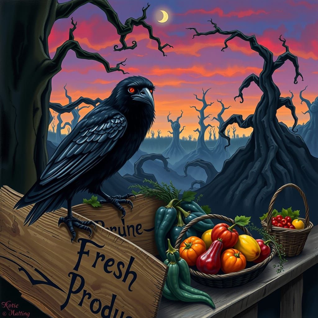 Ravens Guarding Bioluminescent Produce Stand