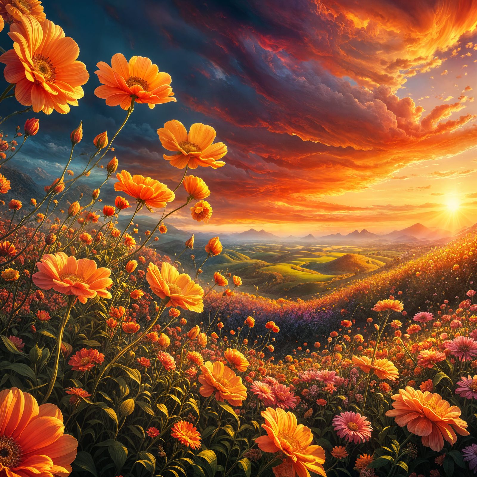 Blooming Flowers at Sunset: Digital Matte Painting