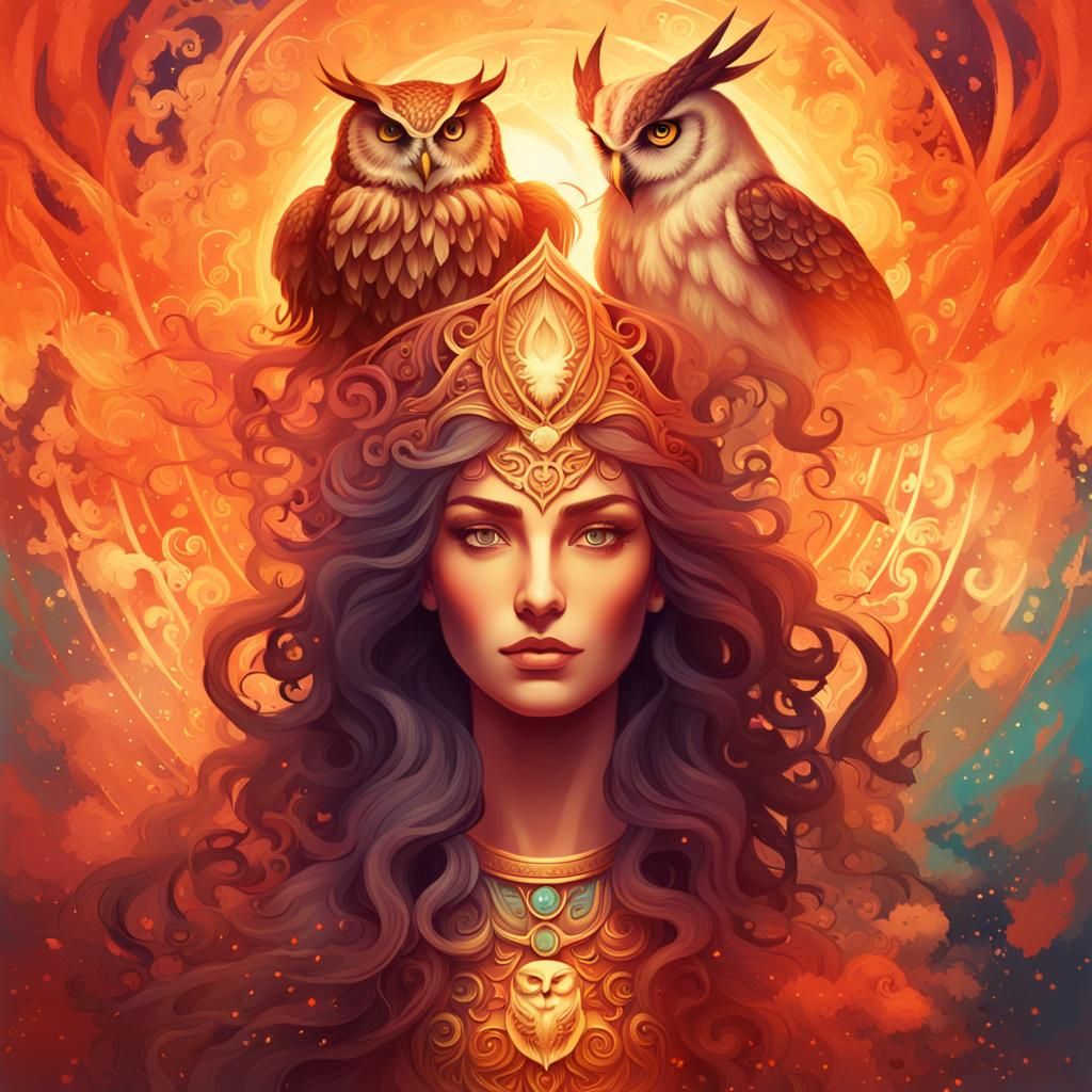 Athena: Enchanted Fantasy Illustration with Fire and Earth
