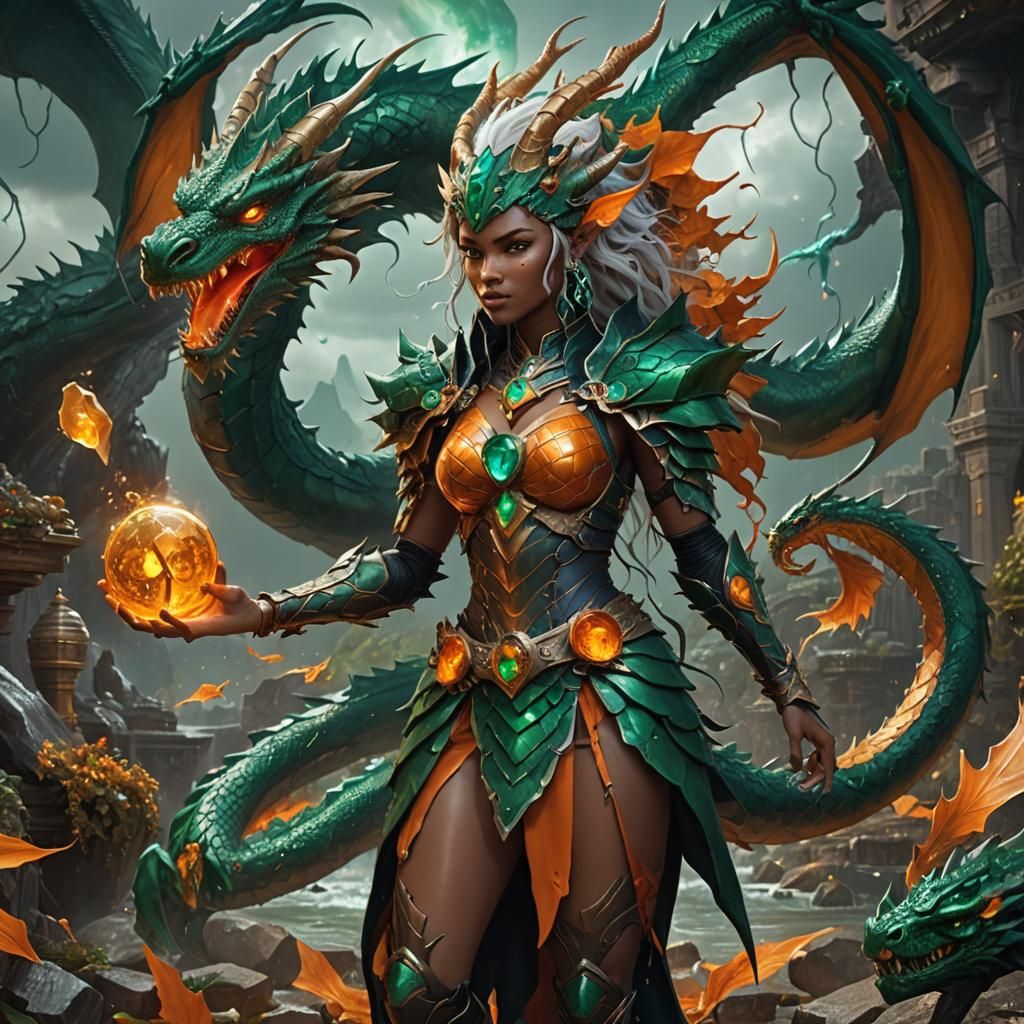 Emerald Dragon Girl in Treasure Hoard: Fantasy Art
