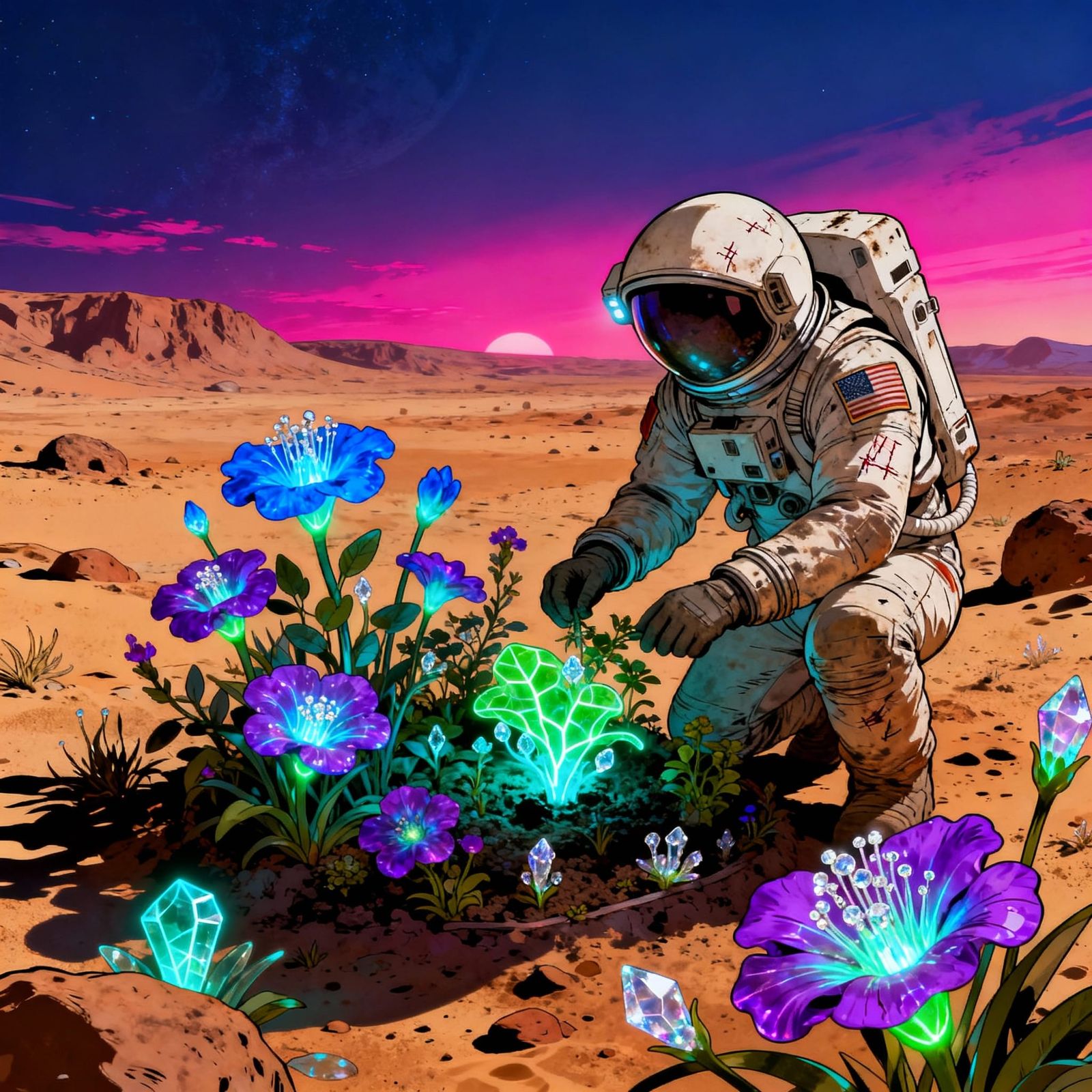 Astronaut Tends Glowing Alien Garden on Mars