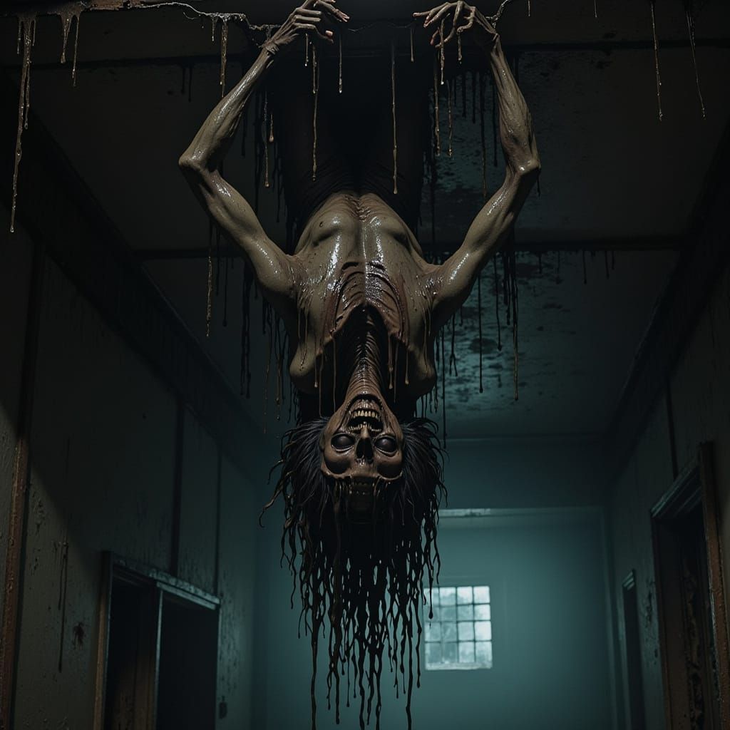 Grotesque Dripping Figure Crawling Upside Down